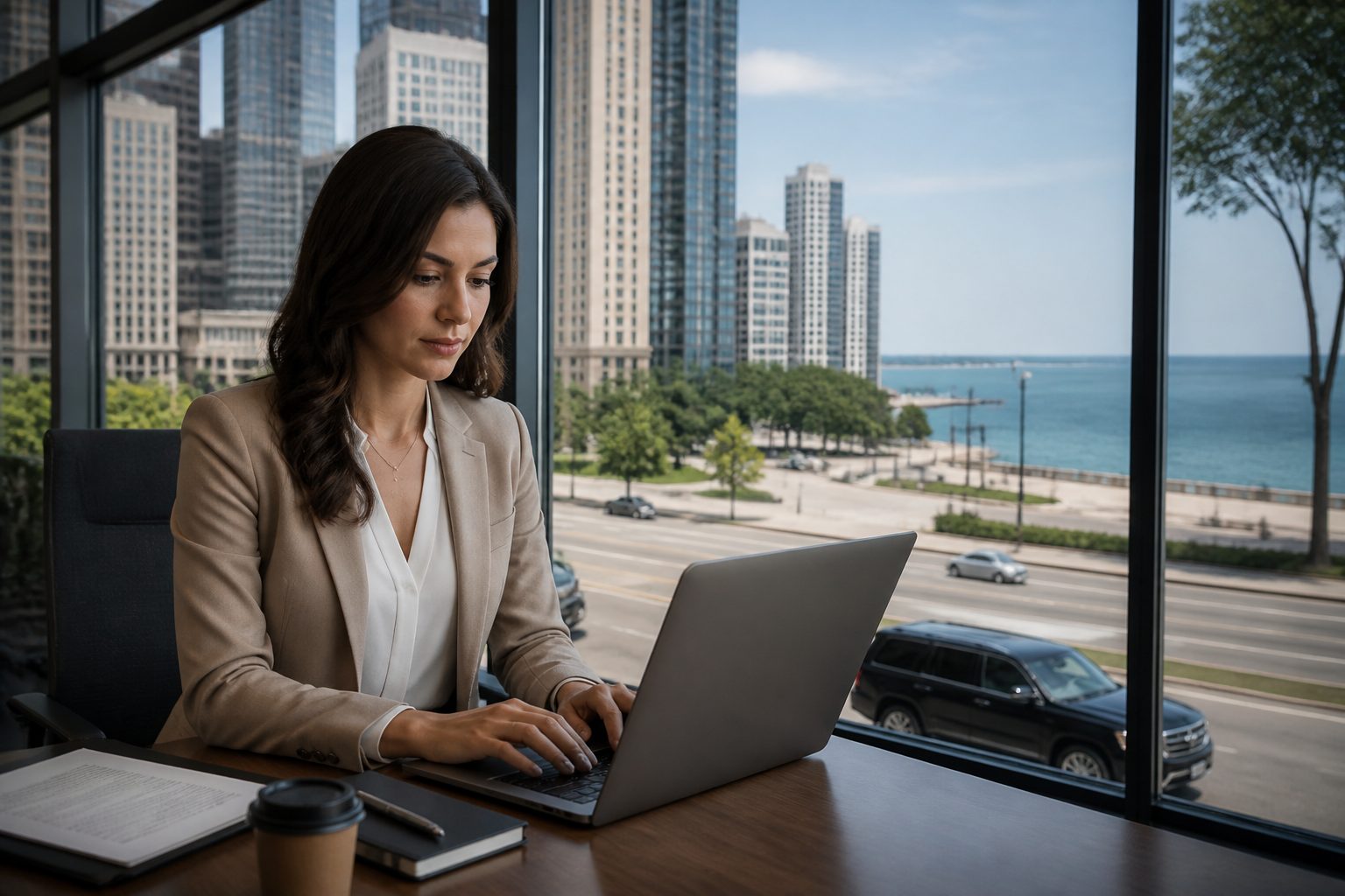 Business traveler booking Chicago corporate car service on phone via 123 Corporate Transportation