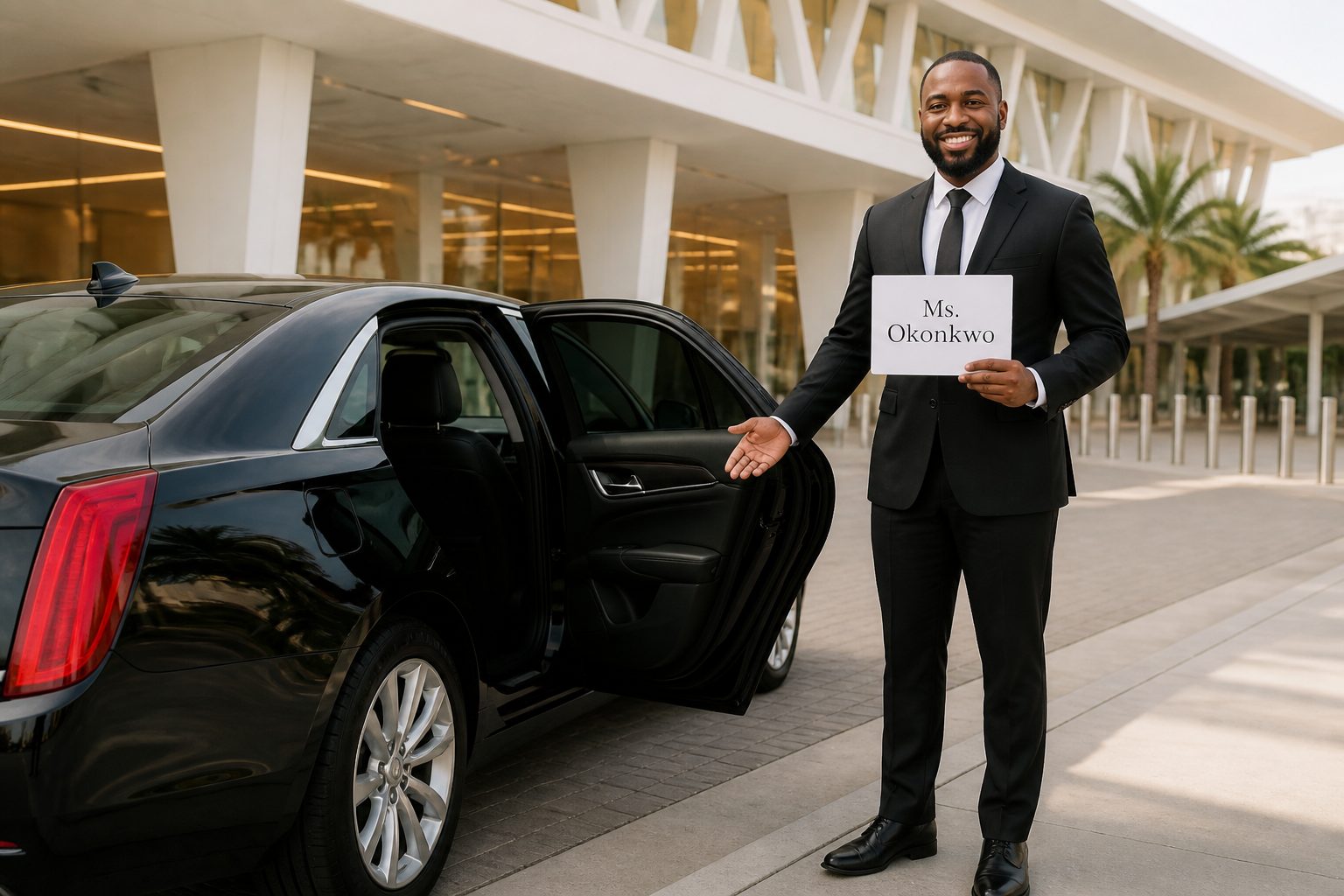 Corporate traveler boarding an executive black car at Brightline Fort Lauderdale station for intercity travel