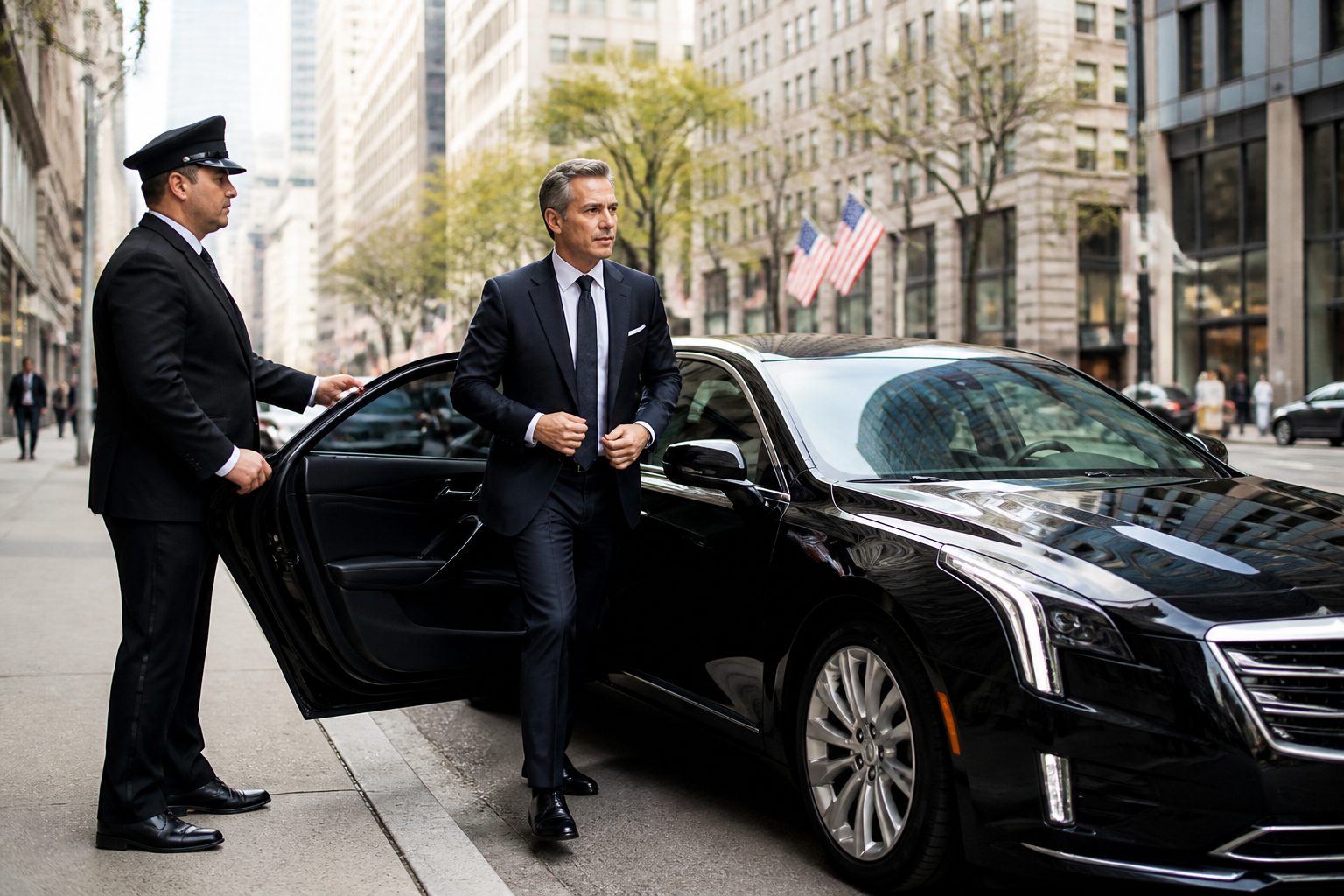 Professional Chicago black car service chauffeur in suit beside executive sedan, contrasting rideshare