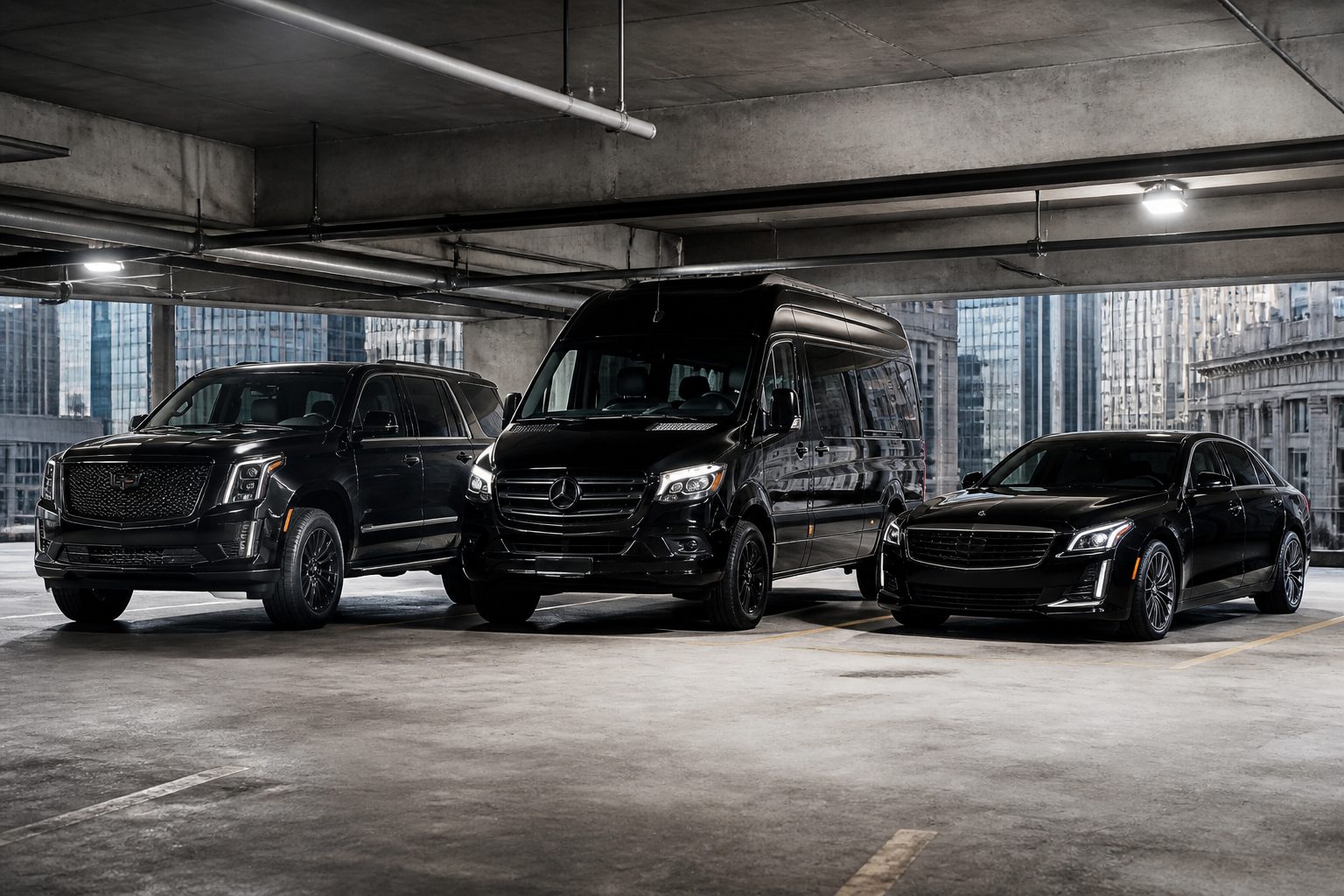 Late-model black sedan and SUV fleet for Chicago corporate car service parked outside executive venue