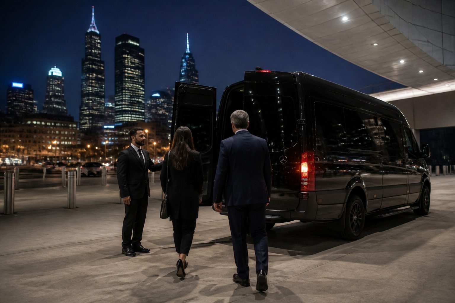 Corporate black car service transfer outside McCormick Place convention center in Chicago