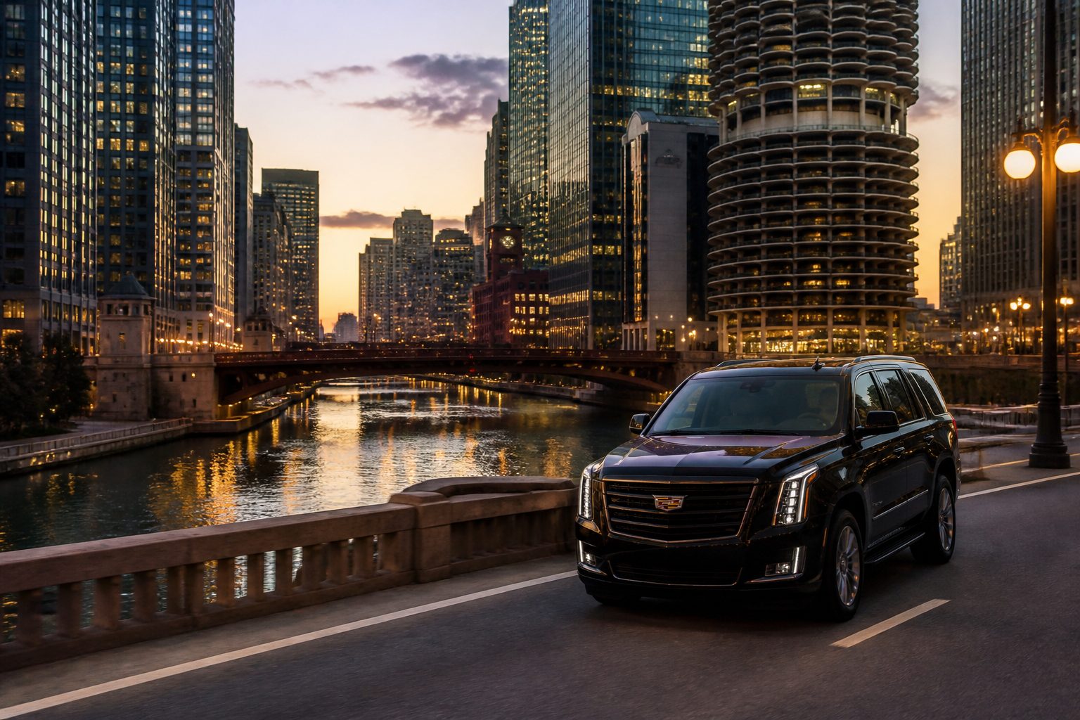 Chicago executive black car service chauffeur opening door for business traveler at downtown office building