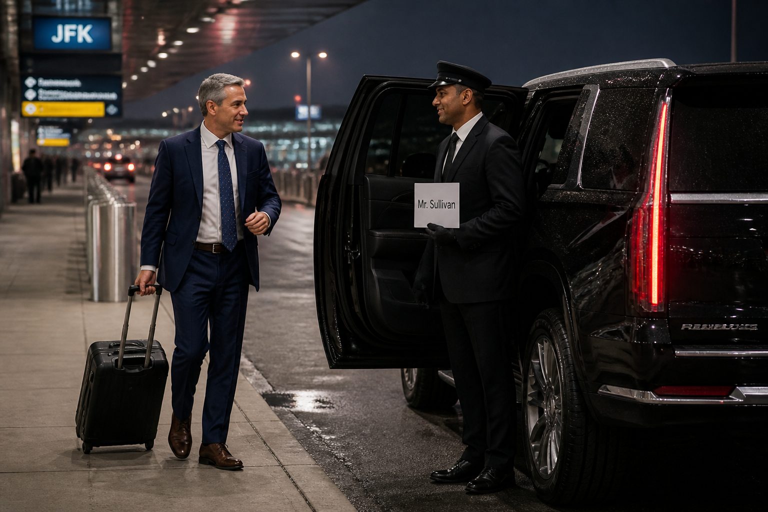 123 CTS corporate car service vehicle waiting at a JFK airport terminal for an executive airport transfer pickup