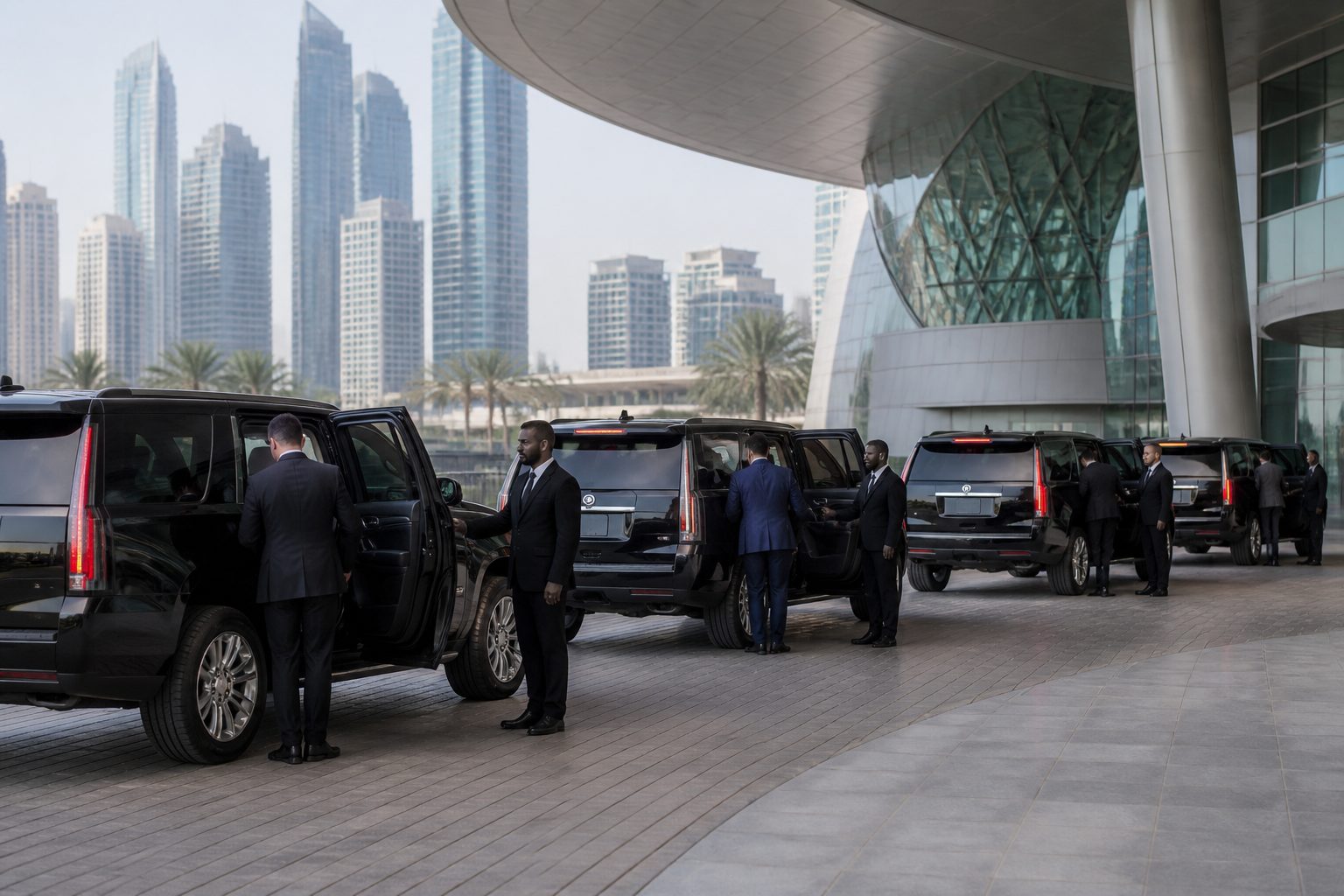 Ground transportation fleet staged outside a Washington DC convention center for a corporate conference event