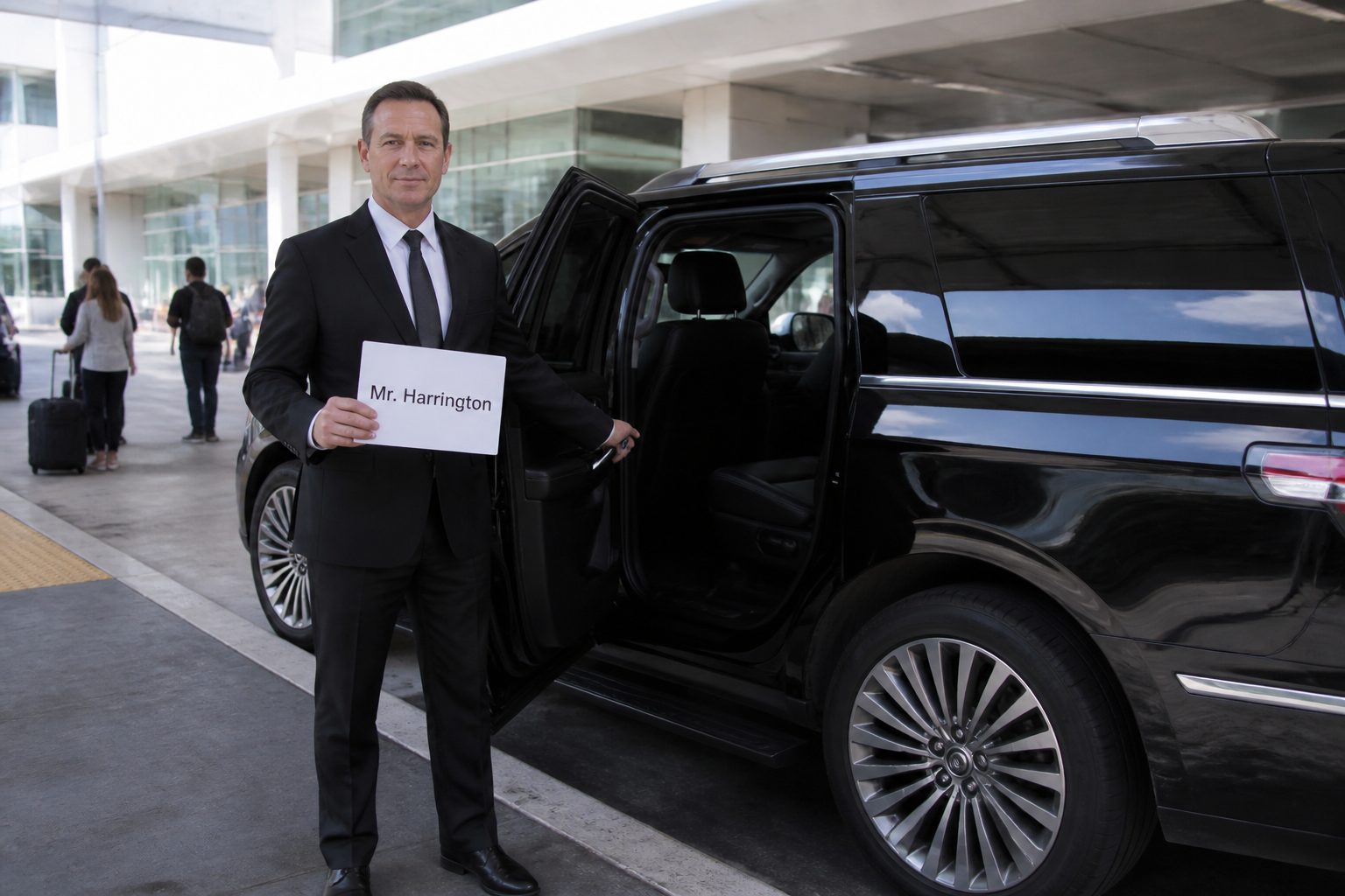 Professional chauffeur waiting at FLL airport arrivals terminal for executive black car pickup of a corporate traveler