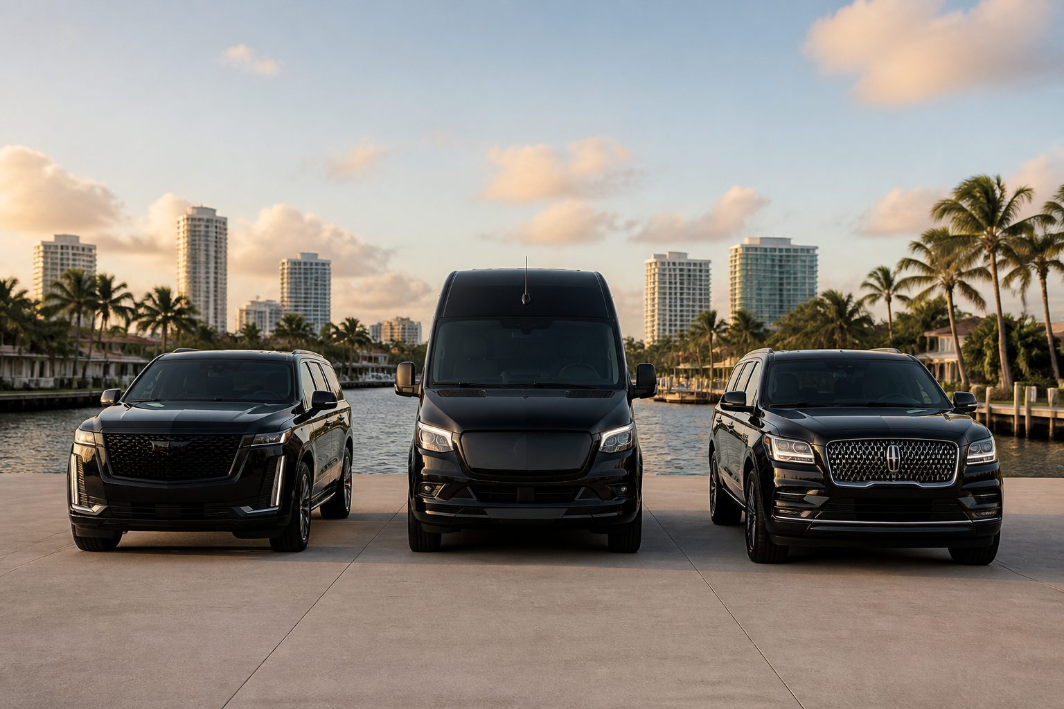 Lineup of luxury sedans, SUVs, and vans in the Fort Lauderdale corporate transportation fleet for executive accounts