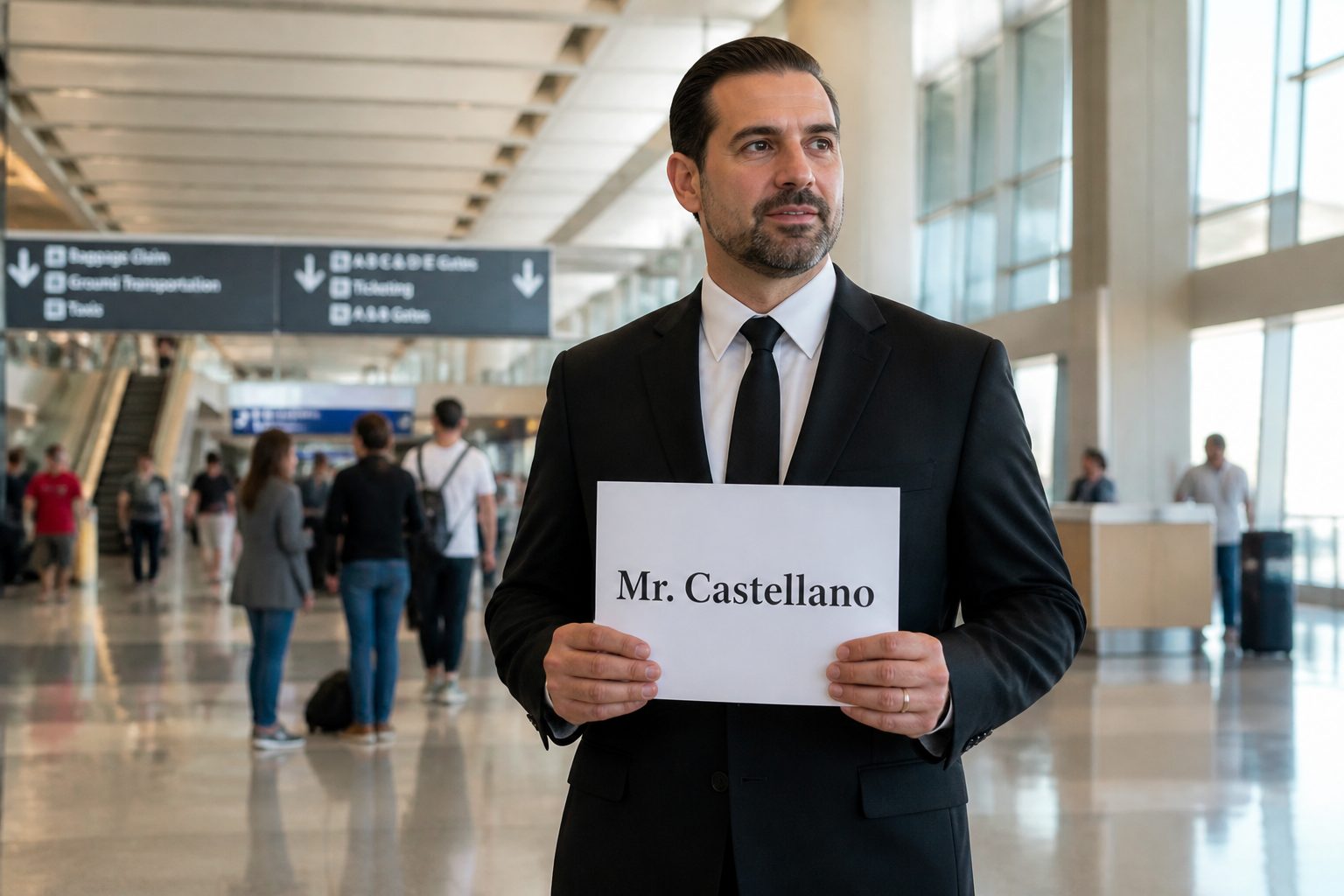 Executive sedan at Harry Reid International Airport arrivals terminal for corporate group pickup