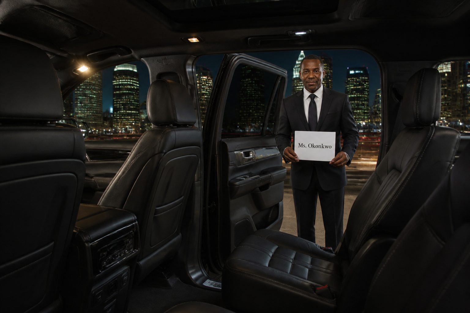 Houston executive car service sedan against the city skyline — corporate transportation in the Energy Capital