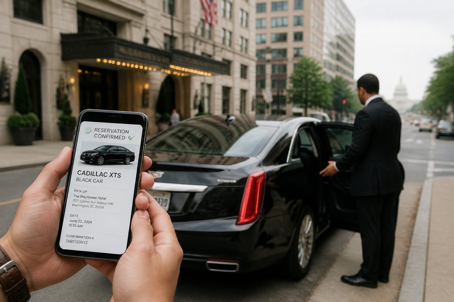 Corporate travel manager booking a Washington DC executive car service reservation on a laptop for their organization