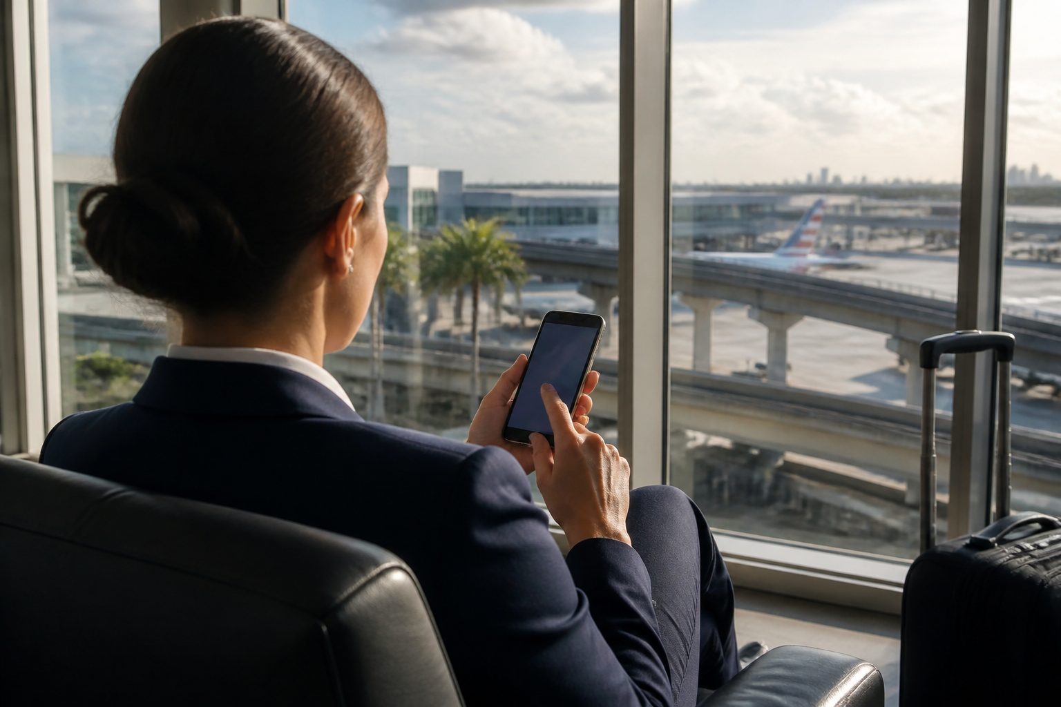Traveler booking Miami airport car service on smartphone with 123 Corporate Transportation reservation interface