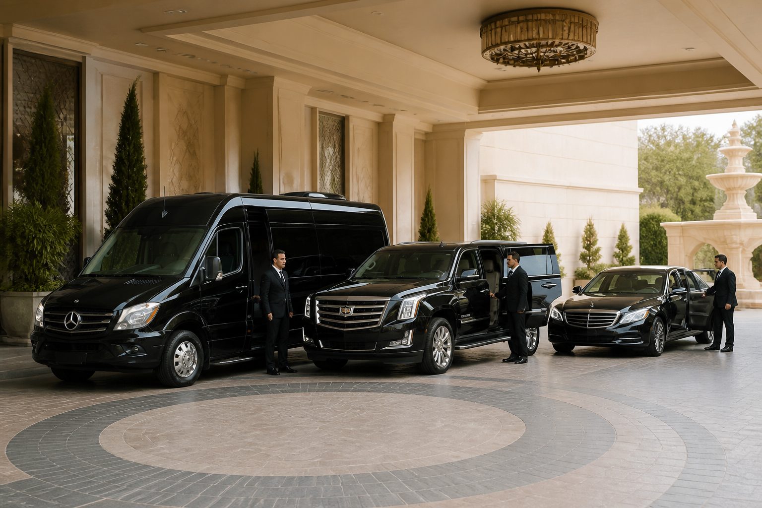 Range of corporate fleet vehicles — sedans, SUVs, and coach buses — for Las Vegas group transport