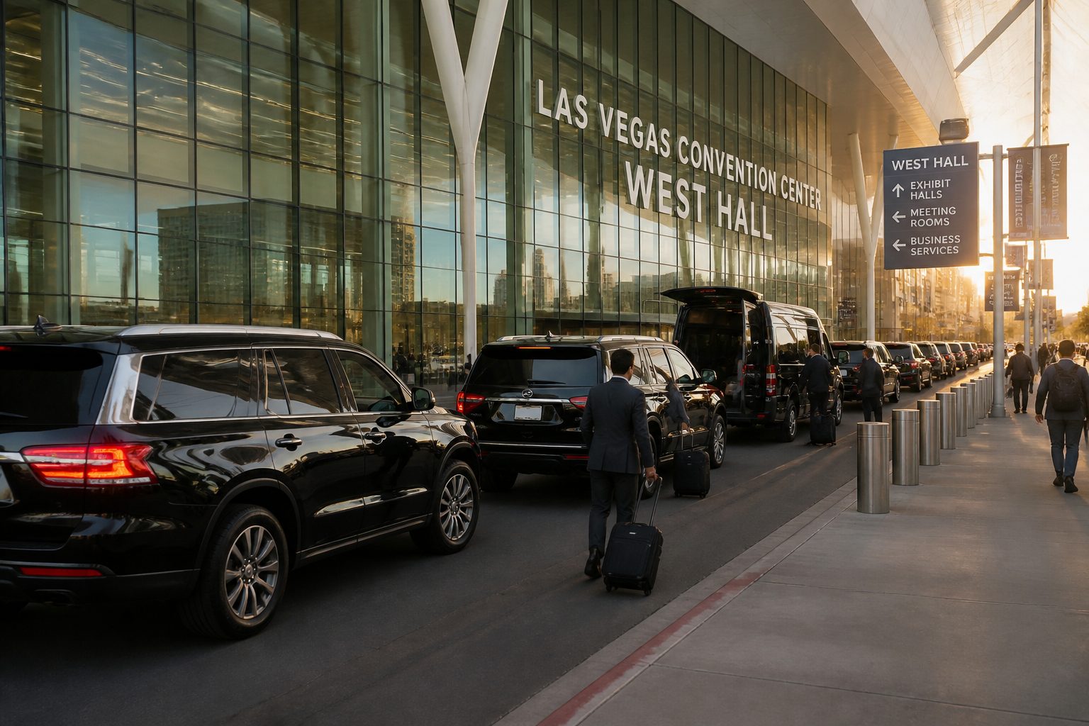 Corporate ground transportation vehicles staged outside a Las Vegas Strip convention venue