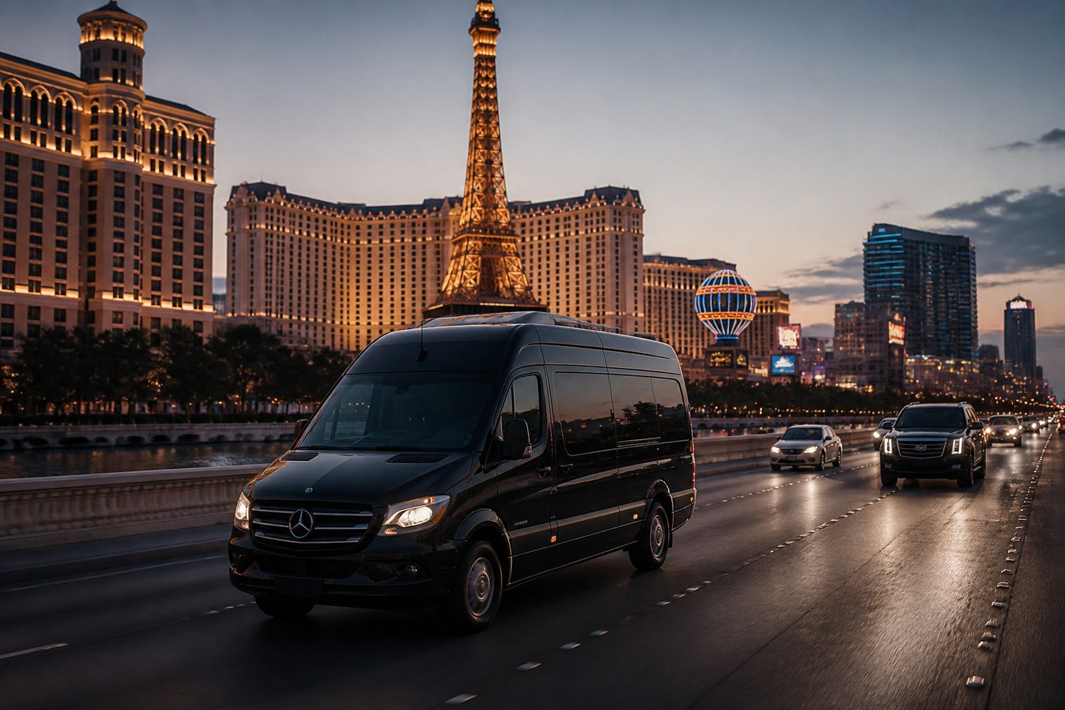 Corporate shuttle navigating the Las Vegas Strip between resort hotels for a convention group transfer