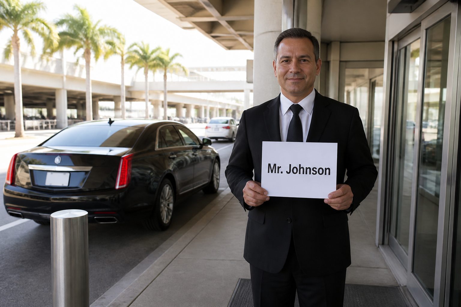Professional chauffeur holding name sign and greeting arriving passenger at MIA terminal curbside pickup zone
