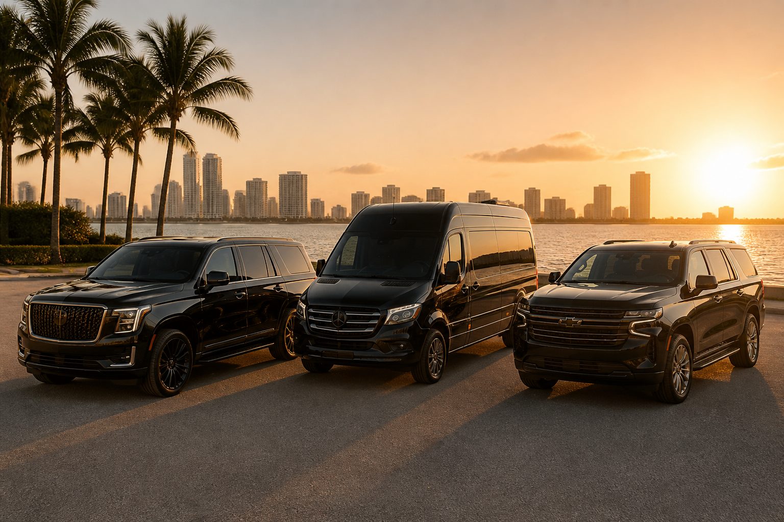 Miami airport car service fleet lineup featuring luxury sedan, SUV, and executive sprinter van options for MIA arrivals