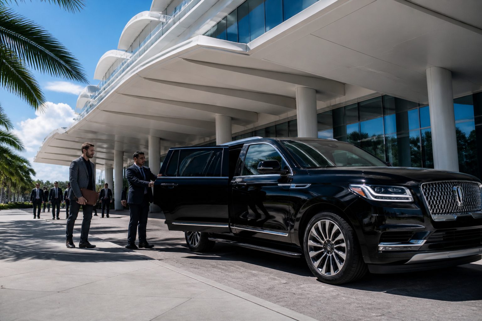 Black luxury sedan VIP arrival at Miami Beach Convention Center for Art Basel 2026