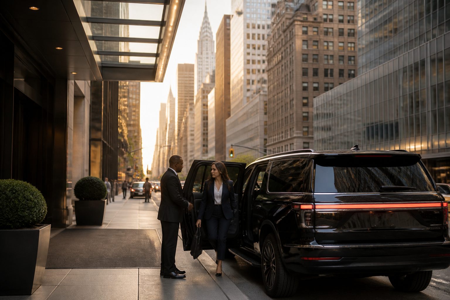 Luxury black executive car navigating Midtown Manhattan's corporate business corridors past high-rise office towers