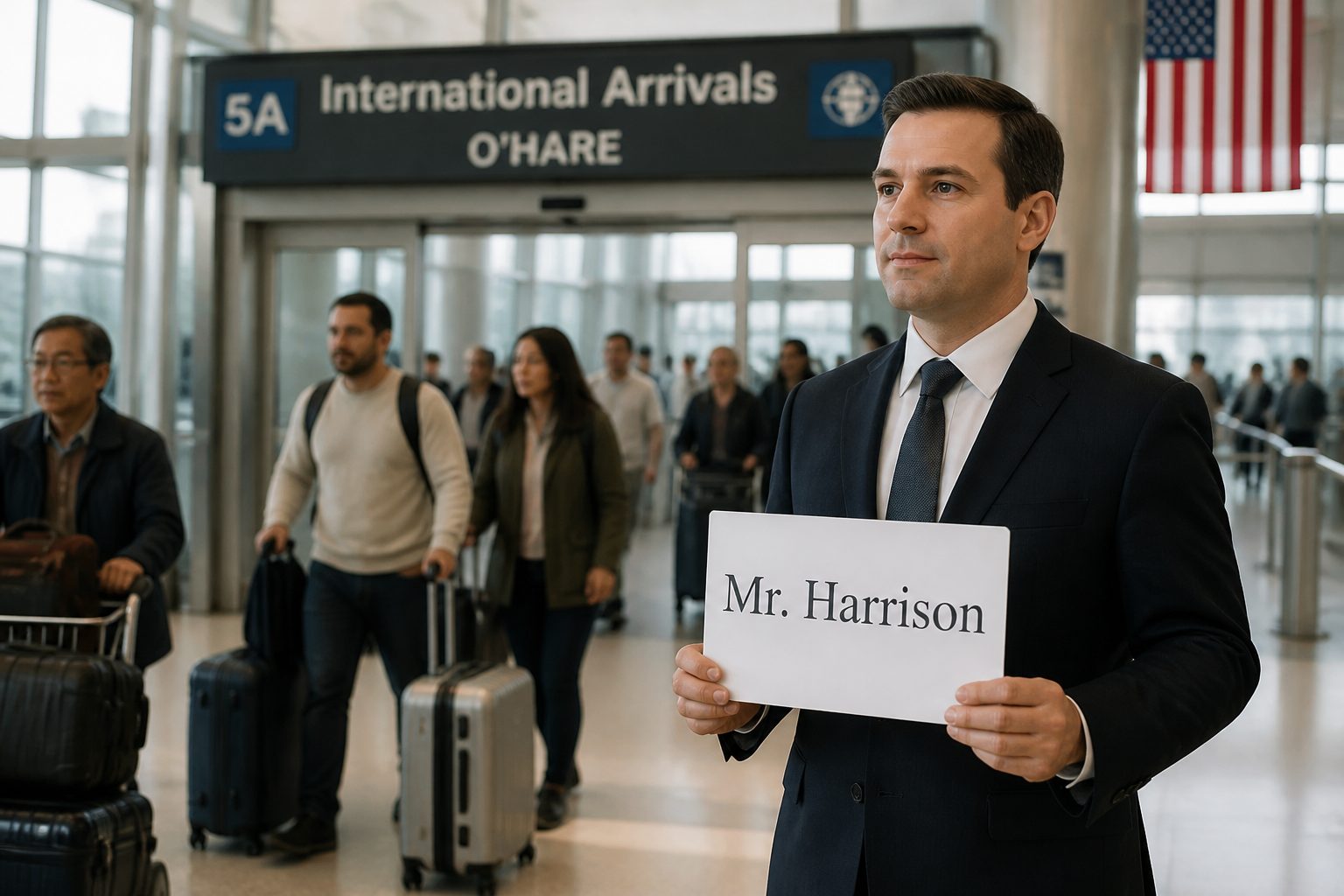 Chicago airport car service black sedan waiting at O'Hare arrivals terminal for executive business traveler