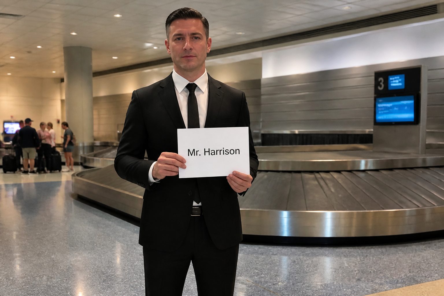 Professional chauffeur meeting corporate client at RSW Southwest Florida International Airport arrivals hall