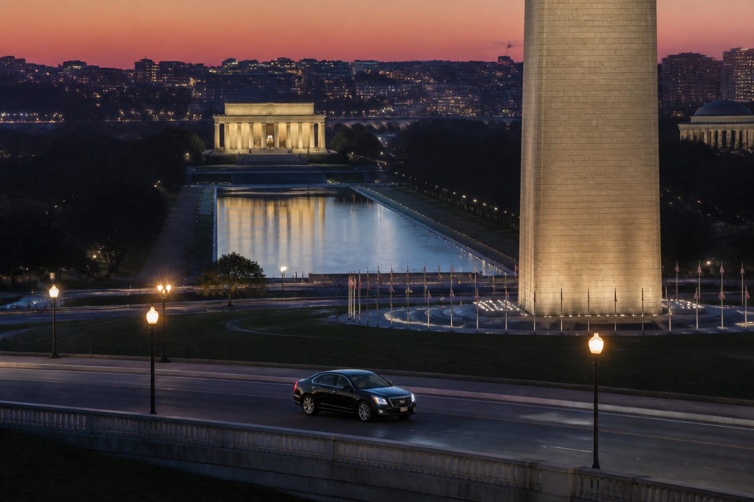 Washington DC corporate transportation — executive black car service with US Capitol building backdrop in 2026