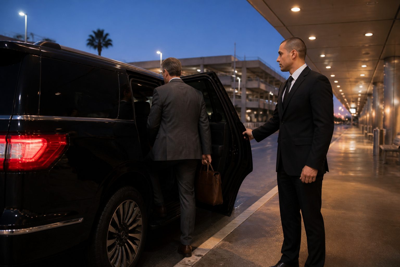 123 Corporate Transportation chauffeur beside luxury black car fleet ready for MIA executive airport service in Miami