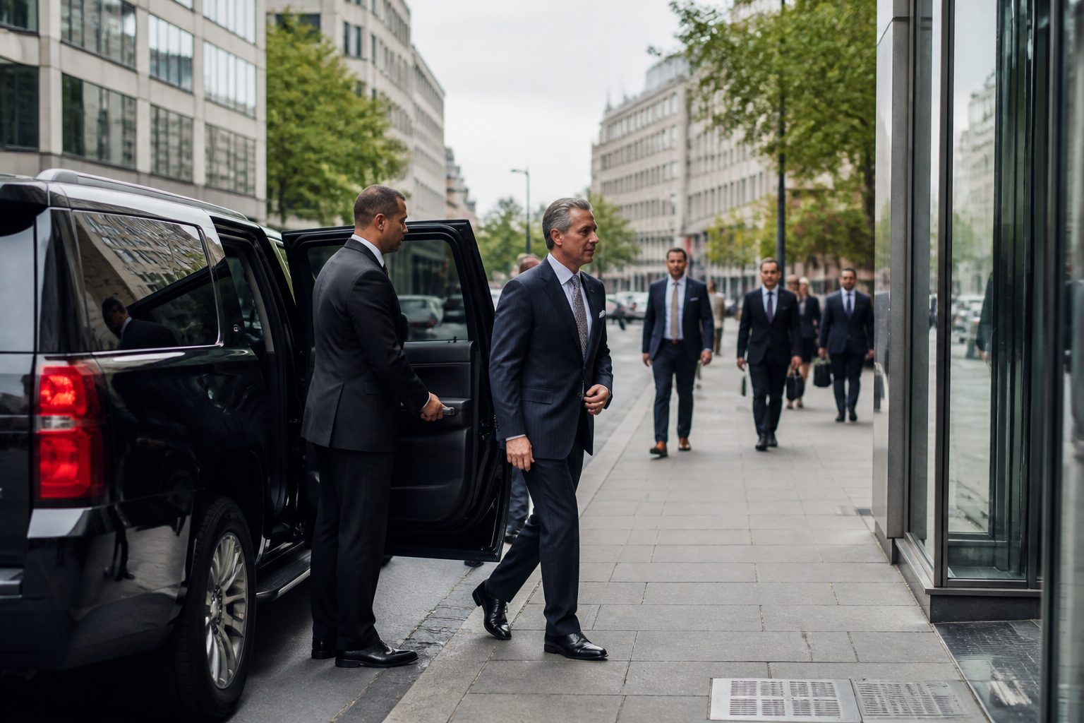 Professional chauffeur standing beside executive black car parked near a Washington DC government power corridor